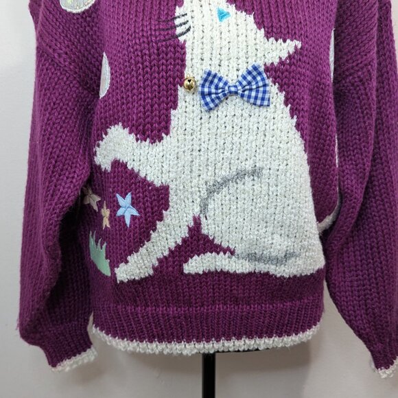 VTG Cat Kitten Feline Whimsical Quirky Ribbons Jessica Day Hand Knit Sweater M - Picture 4 of 8